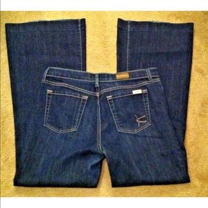 DAVID KAHN Flare Leg Denim Jeans Dark Blue Wash Mid Rise Wide Leg Bell Bottoms